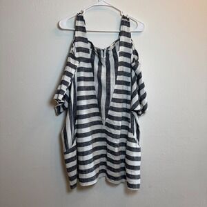 Soft‎ Surroundings XL Linen Blend Tunic Top Striped Cold Shoulder Blouse Pockets